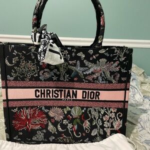 Dior Black and Pink Floral Embroidered Tote